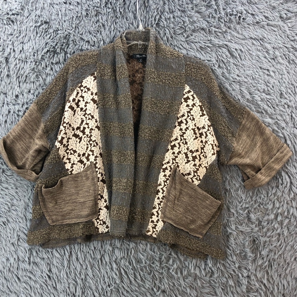 Miss Me Cardigan Sweater Womens Small Wool Blend Lace Detail Pockets Snap Cinch